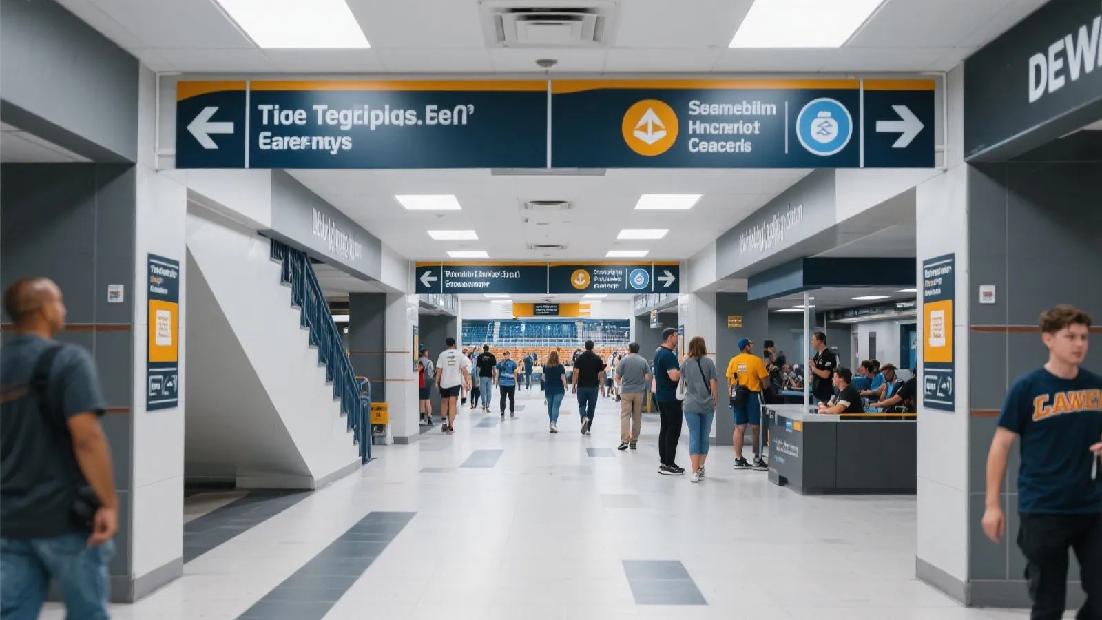 观赛指南封面示意图：球场通道与指示牌