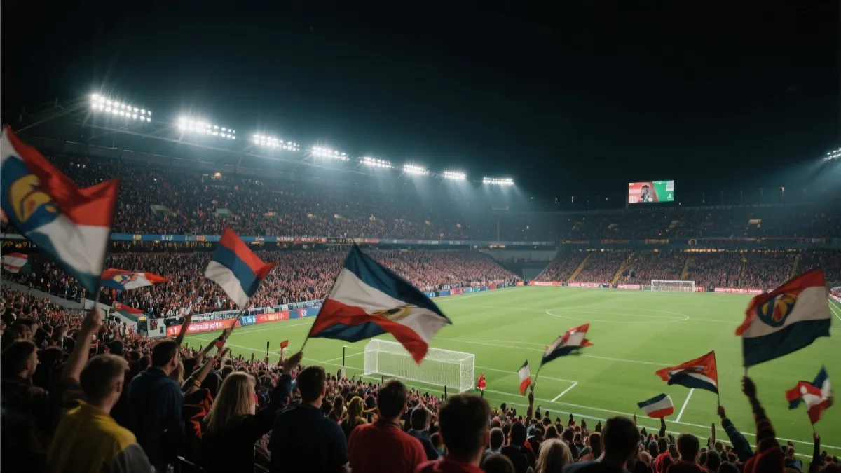 世界杯球场夜景与球迷看台氛围的电影感画面