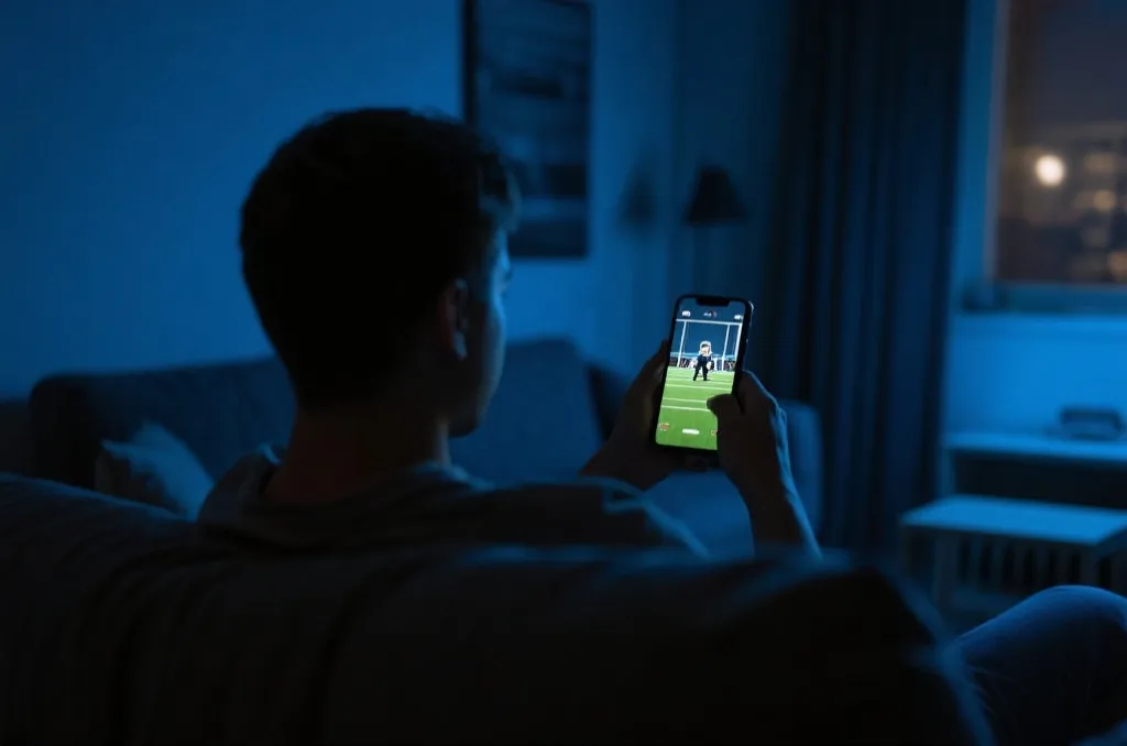 深夜用手机观看比赛，房间光线柔和